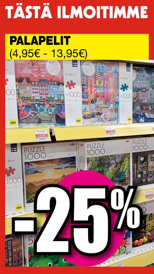 Store display advertising jigsaw puzzles with prices 4. 95€–13. 95€, shelves full of puzzle boxes and a bold 25% discount sign. | säästötalo latvala